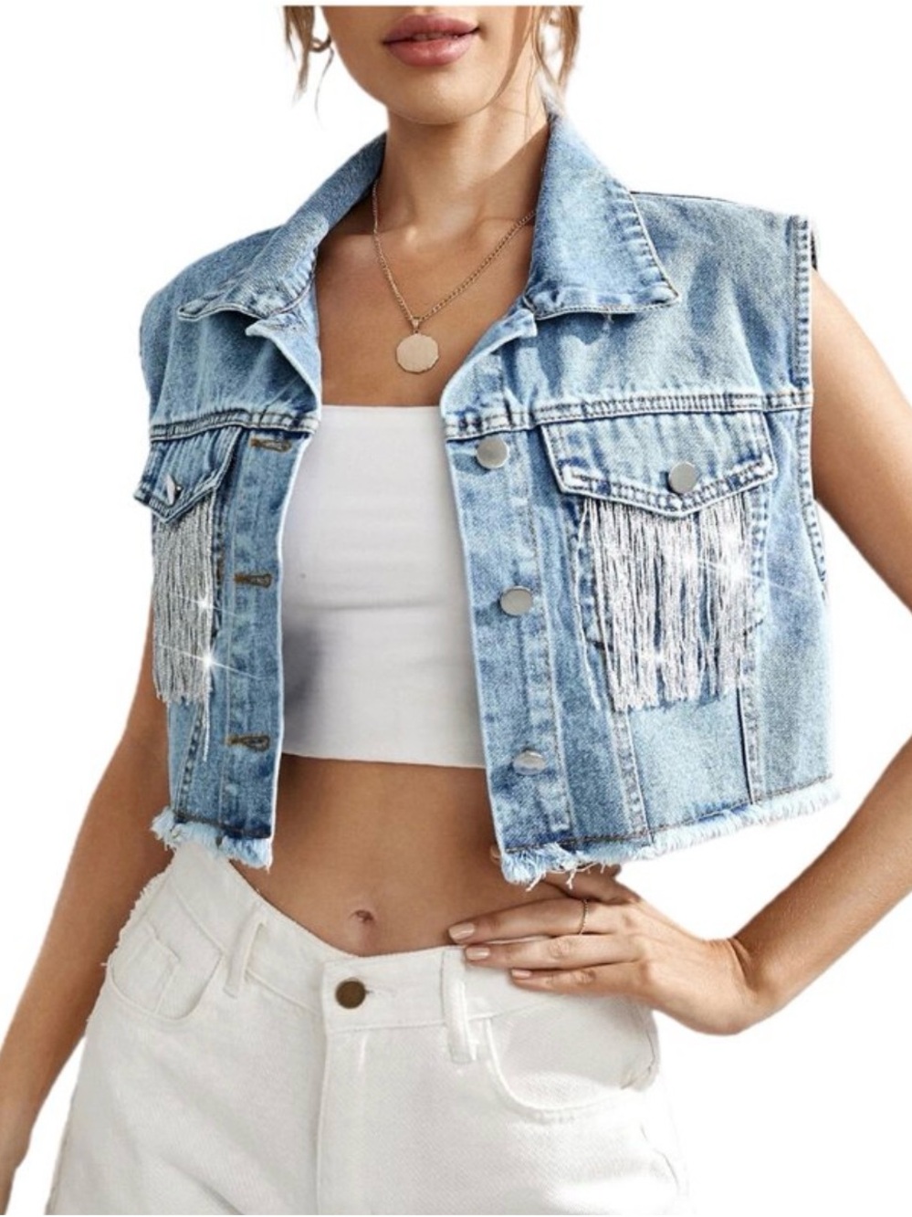 Light Blue Denim Fringe Cropped Vest Size Large